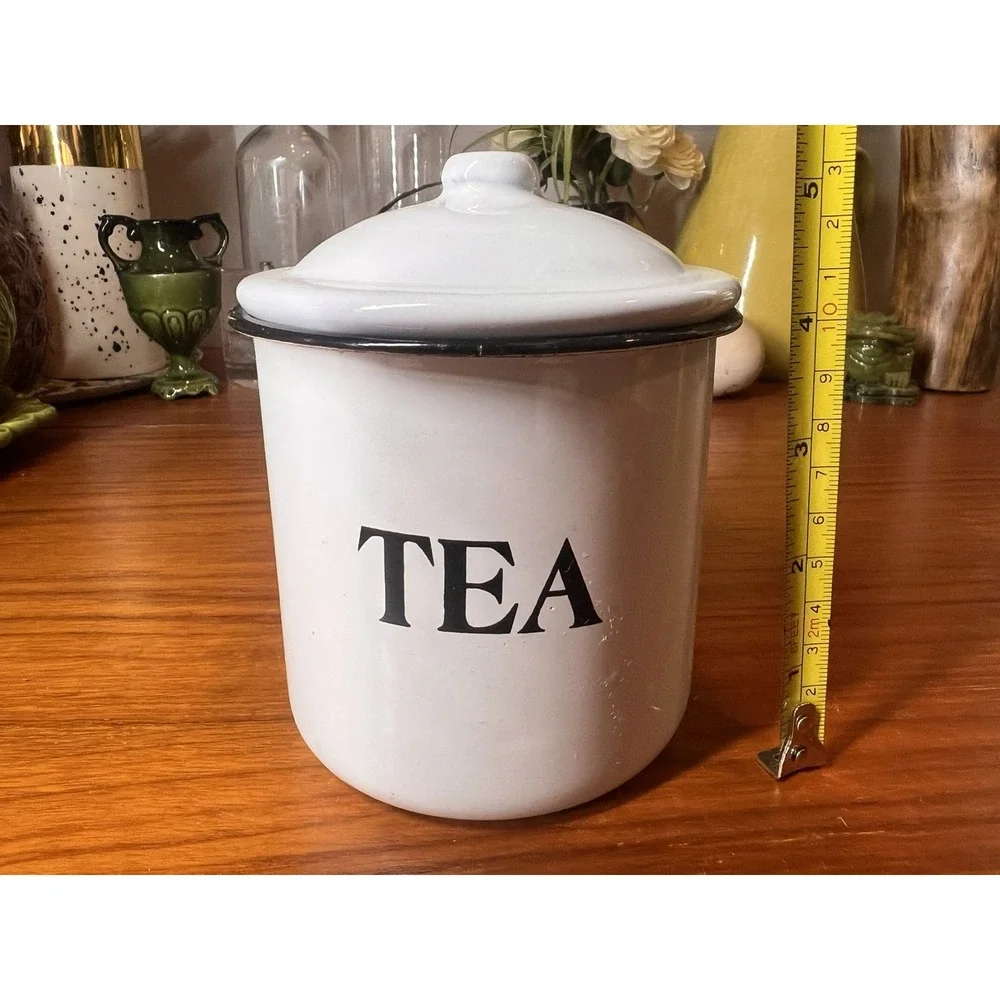 Vintage Enamelware Tea Canister White w/Black Trim Cottagecore Farmhouse